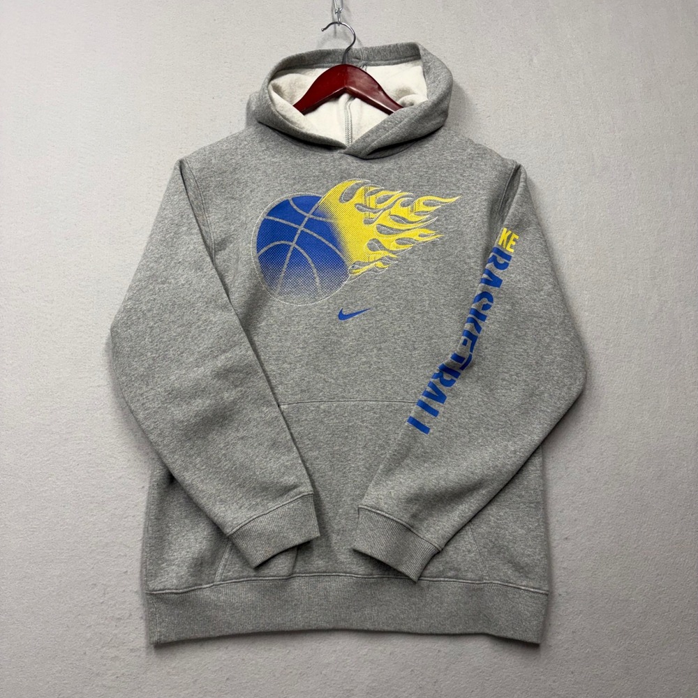 Nike Basketball Hoodie Kids XL Gray Flaming Ball Graphic Pullover Y2K Streetwear